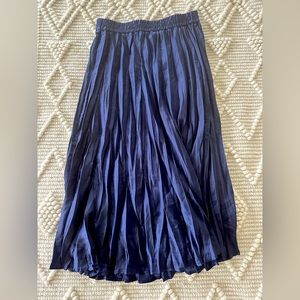 navy satin pleated midi skirt